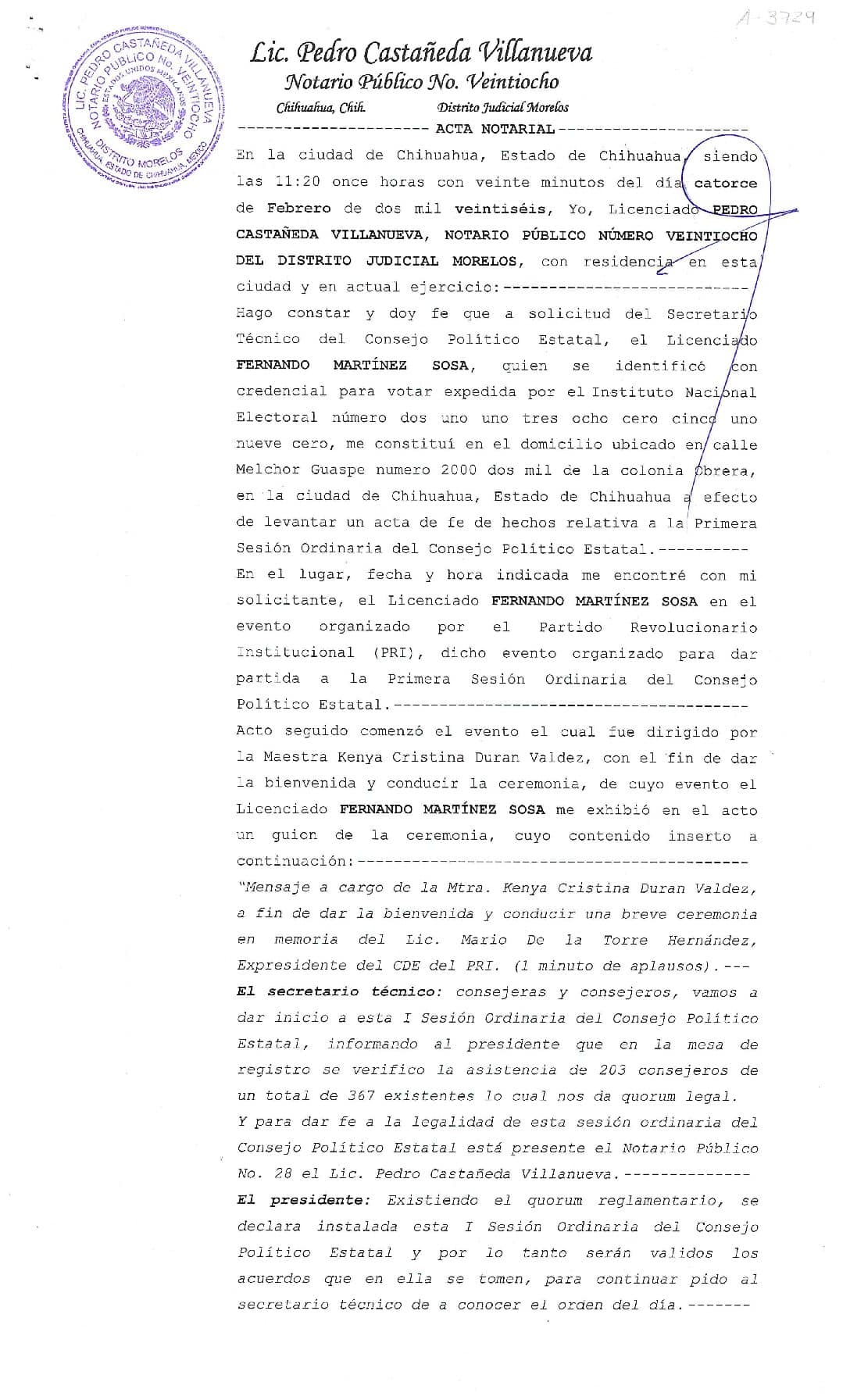Acta Notarial de la Primer Sesion del Consejo Politico Estatal febrero 2026