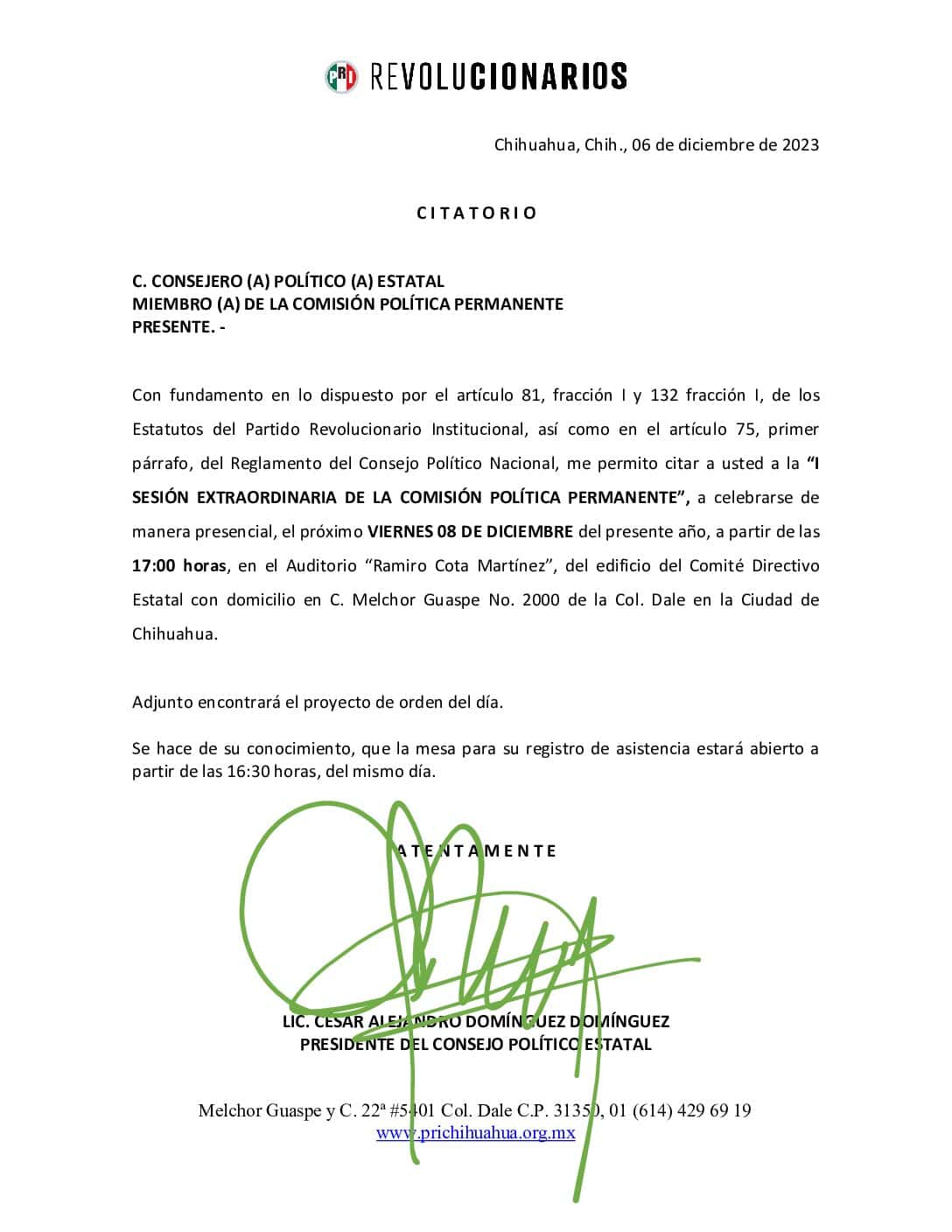 CITATORIO A LOS MIEMBROS DEL CONSEJO POLITICO ESTATAL