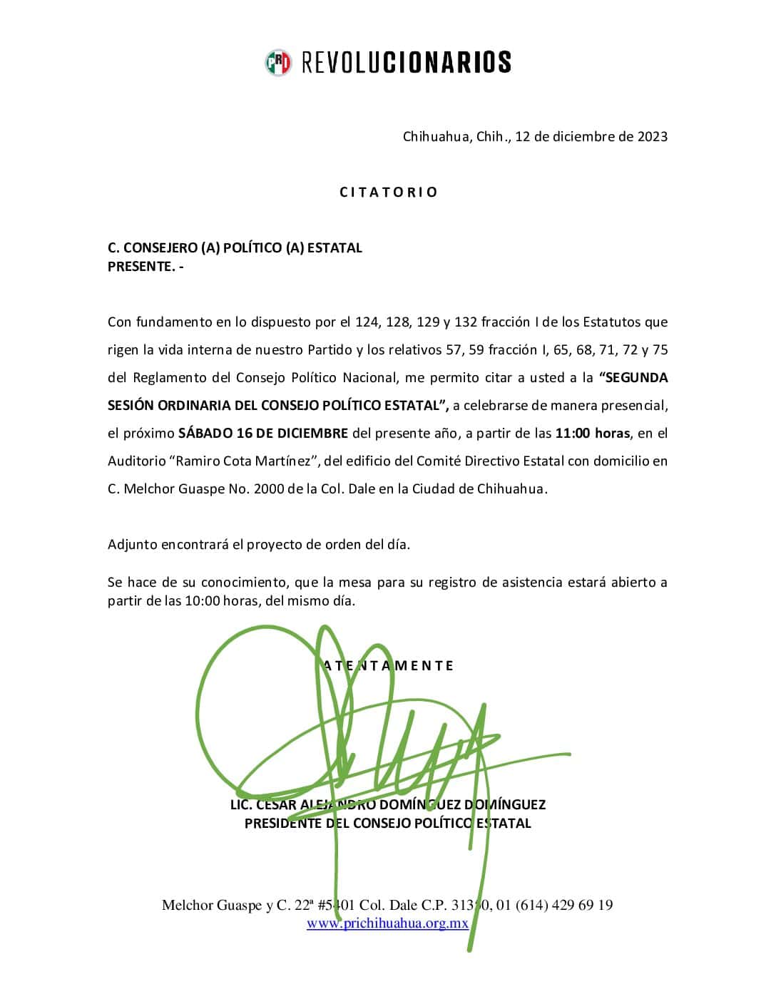 SE CONVOCA A LOS MIEMBROS DEL CONSEJO POLITICO ESTATAL A LA SEGUNDA SESIÓN ORDINARIA DEL CONSEJO POLÍTICO ESTATAL”