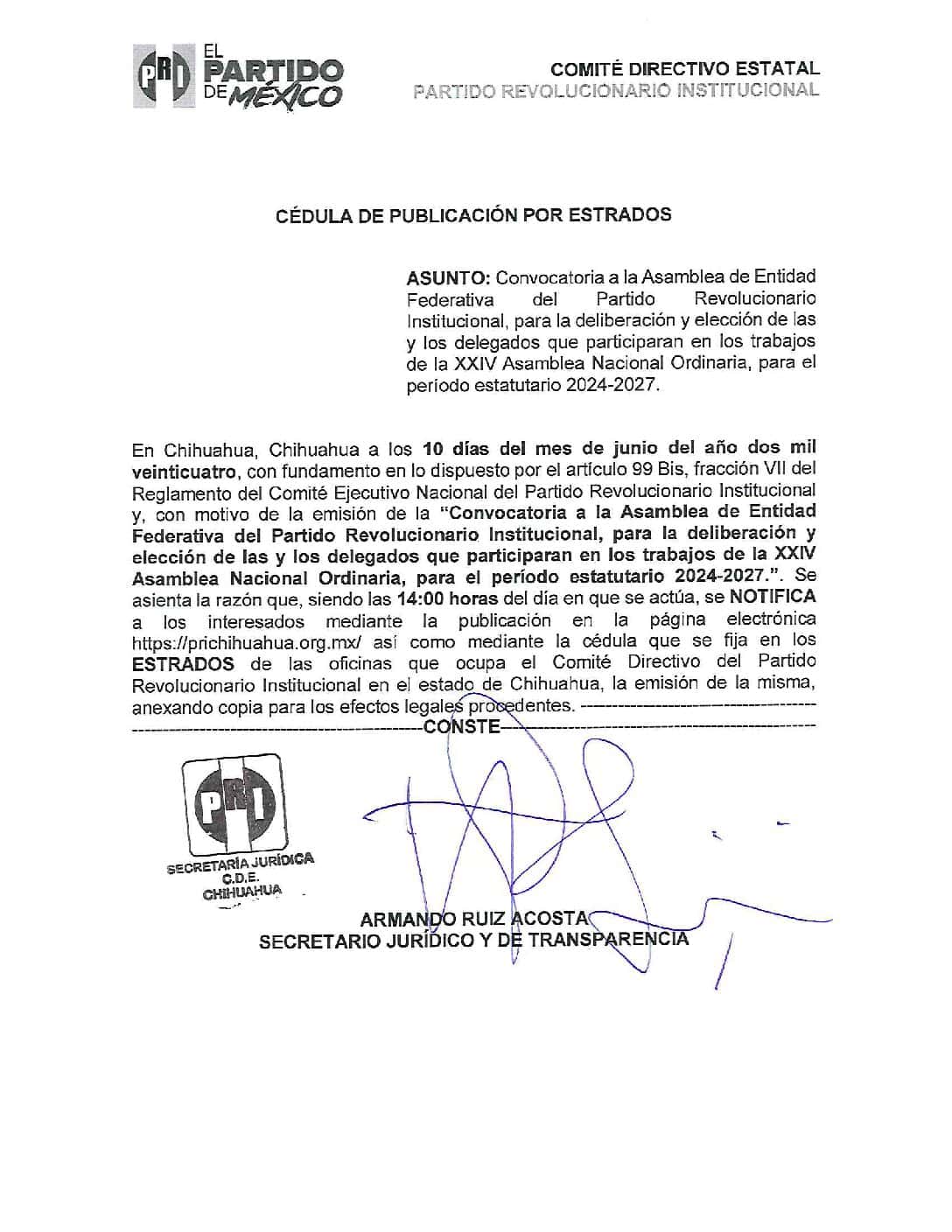 Cedula de la Convocatoria a la Asamblea de Entidad Federativa del Partido Revolucionario Institucional, para la deliberación y elección de las y los delegados que participaran en los trabajos de la XXIV Asamblea Nacional Ordinaria, para el período estatutario 2024-2027.