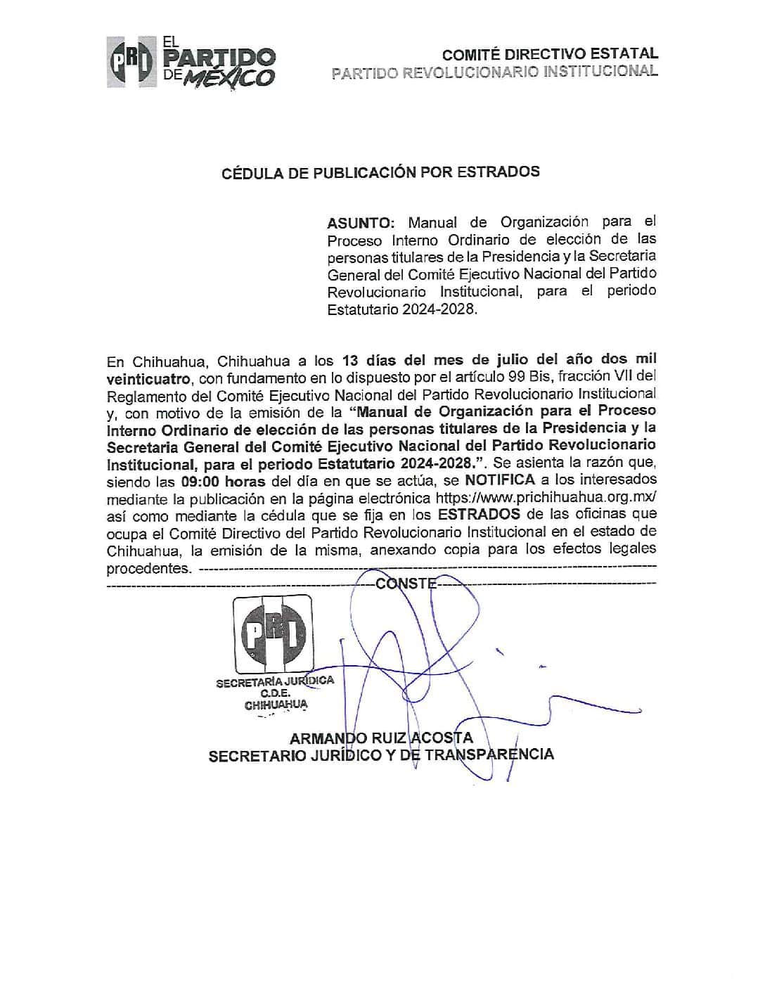 Cedula de la Publicacion del Manual de Organización para el Proceso Interno Ordinario de elección de las personas titulares de la Presidencia y la Secretaria General del Comité Ejecutivo Nacional del Partido Revolucionario Institucional, para el periodo Estatutario 2024-2028.